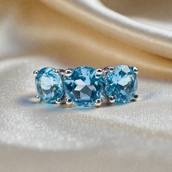 VINTAGE- 10K White Gold Swiss Blue Topaz Diamond Ring -Sz 4- Past Present Future - Picture 7 of 16